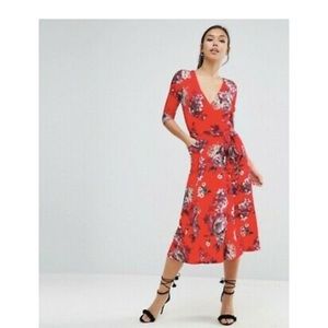 ASOS Crepe Midi Dress in Red Floral Print Size 6